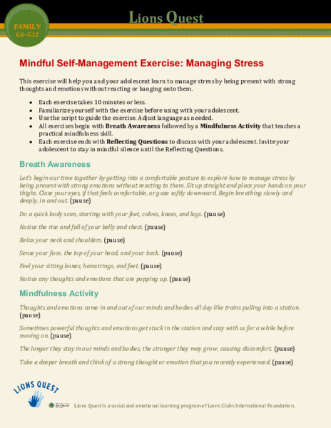 Mindful Self-Management Exercise: Managing Stress Activity