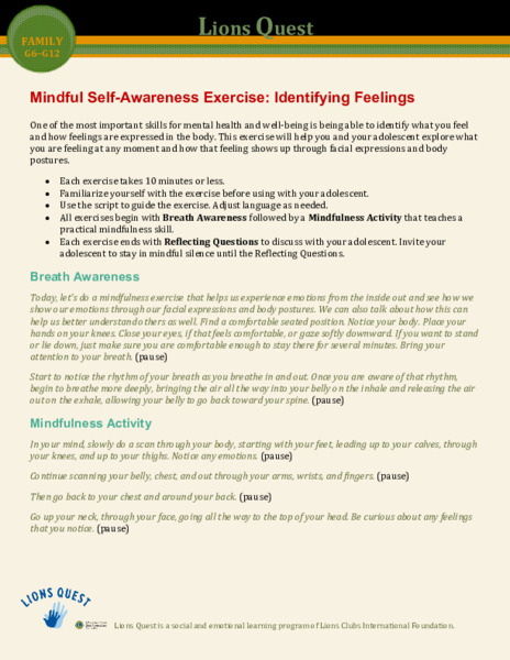 Mindful Self-Awareness Exercise: Identifying Feelings Activity