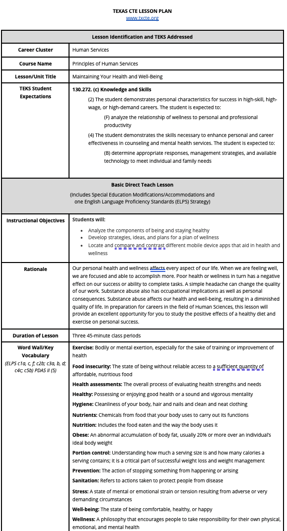 Maintaining Your Health and Well-Being Lesson Plan