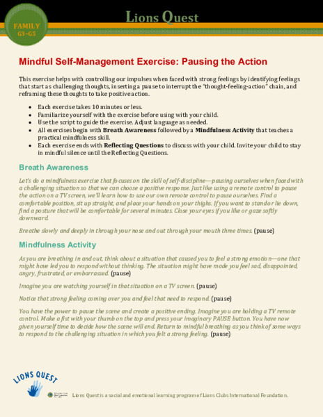 Mindful Self-Management Exercise: Pausing the Action Activity