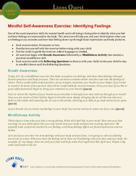 Mindful Self-Awareness Exercise: Identifying Feelings Activity