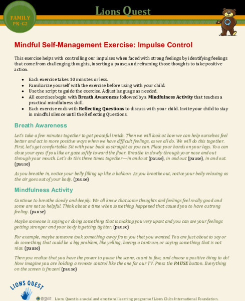 Mindful Self-Management Exercise: Impulse Control Activity