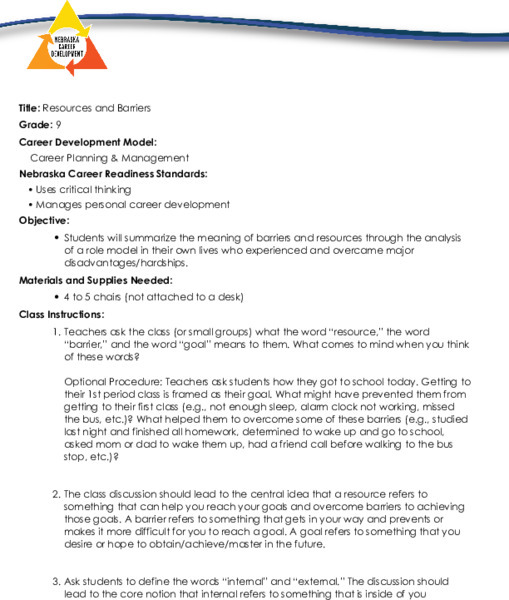 Resources and Barriers Lesson Plan