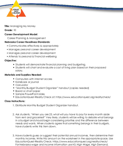 Managing My Money Lesson Plan