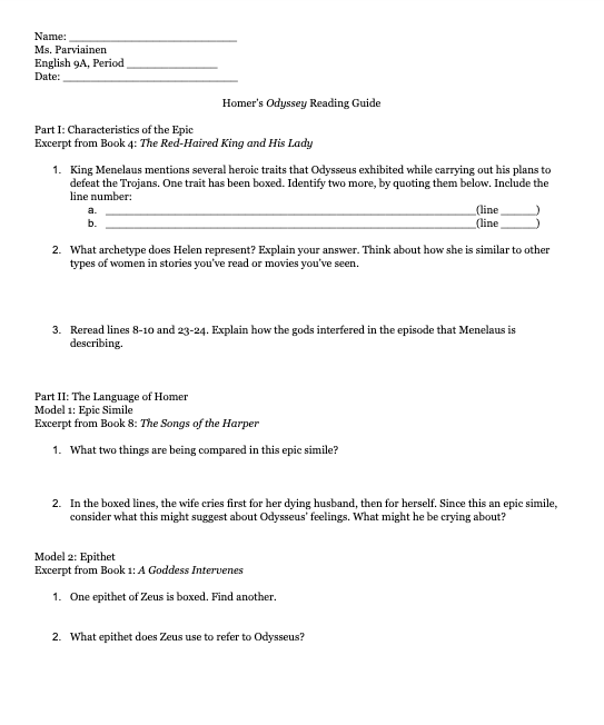 Homer’s Odyssey Reading Guide Study Guide