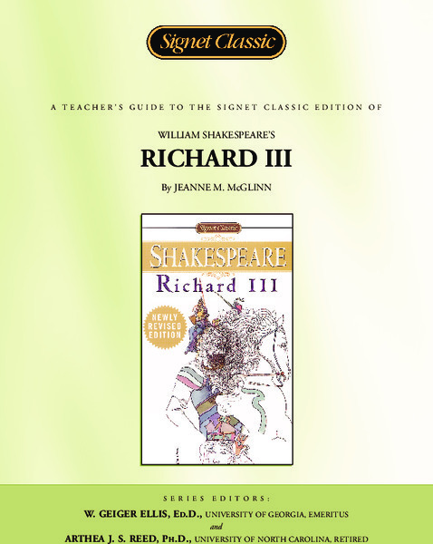 A Teacher's Guide to the Signet Classics Edition of William Shakespeare's Richard III Study Guide
