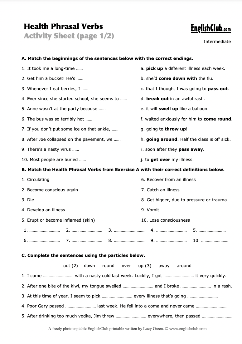 Health Phrasal Verbs Worksheet