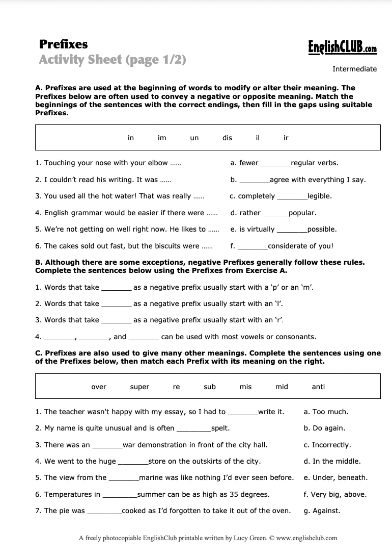 Prefixes Worksheet