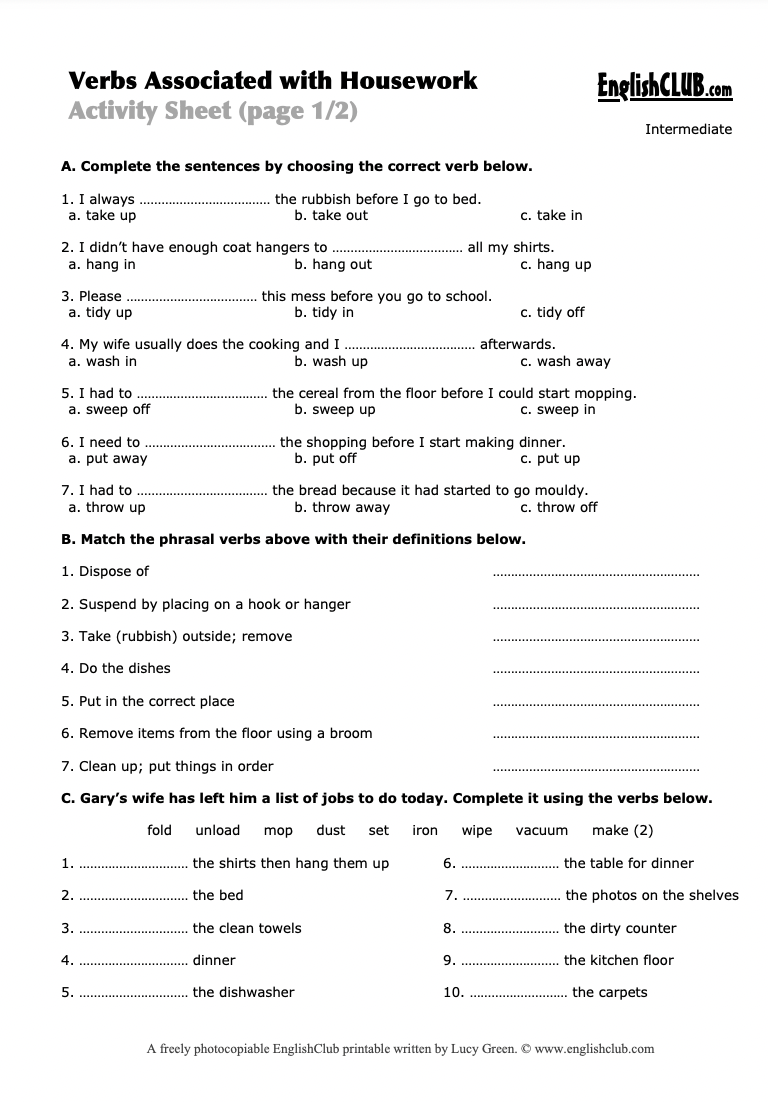 Verbs Associated with Housework Worksheet