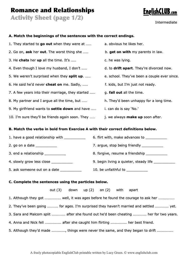Romance and Relationships Worksheet