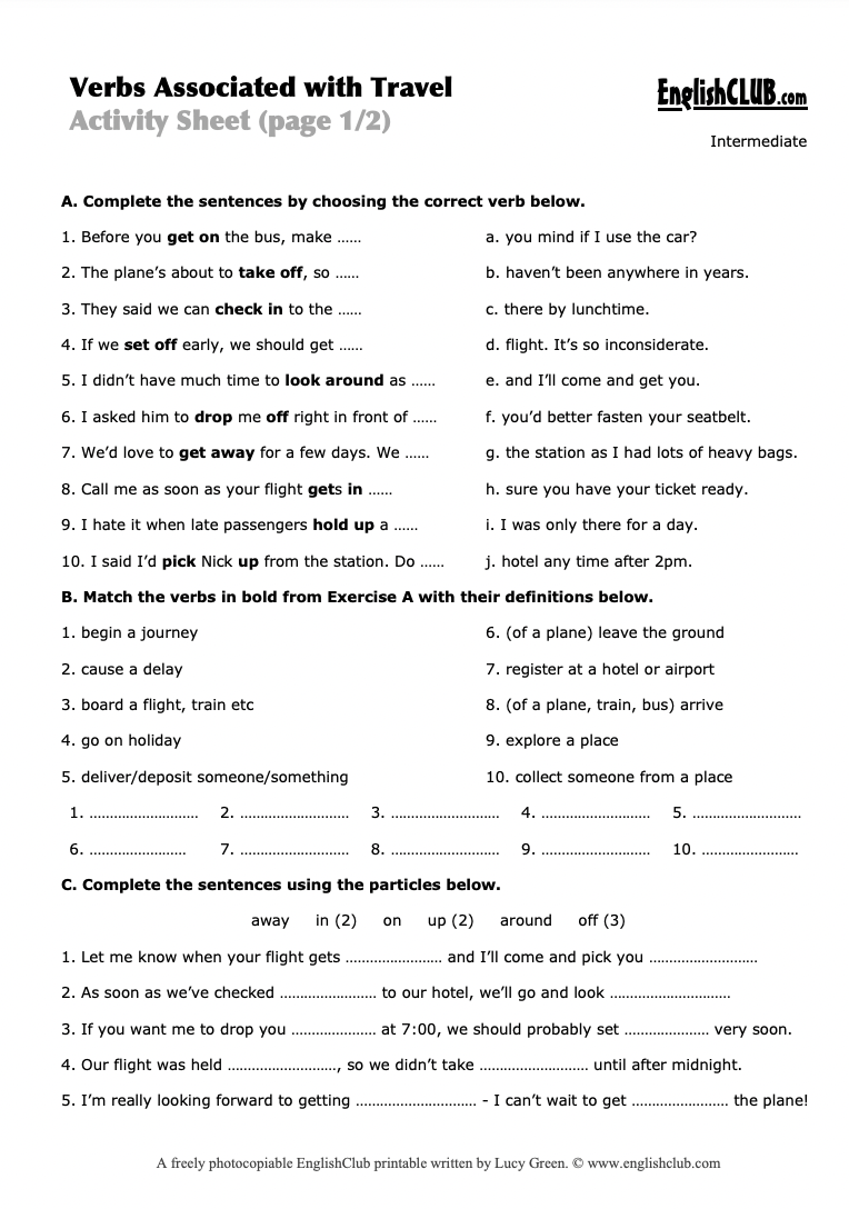 Verbs Associated with Travel Worksheet