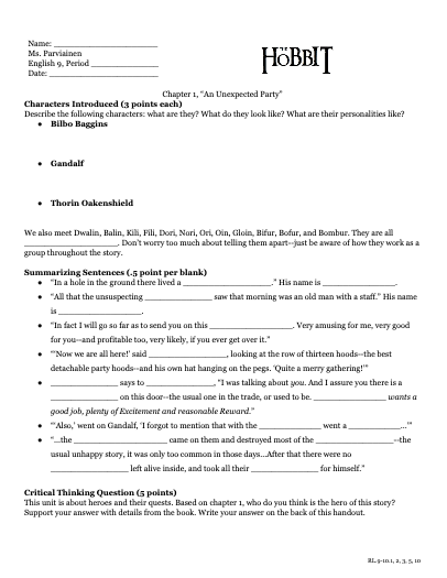 The Hobbit Reading Guide Study Guide