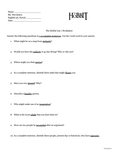 The Hobbit List 1 Vocabulary Worksheet Worksheet