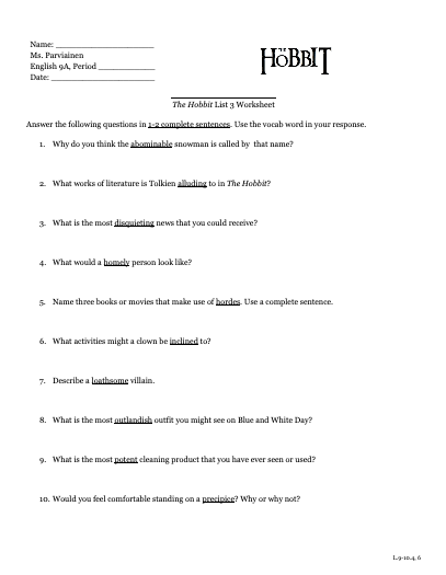 The Hobbit: Vocabulary List 3 Worksheet Worksheet