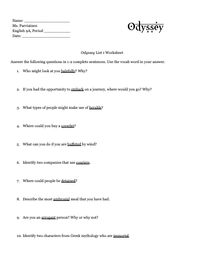 Odyssey List 1 Worksheet Worksheet