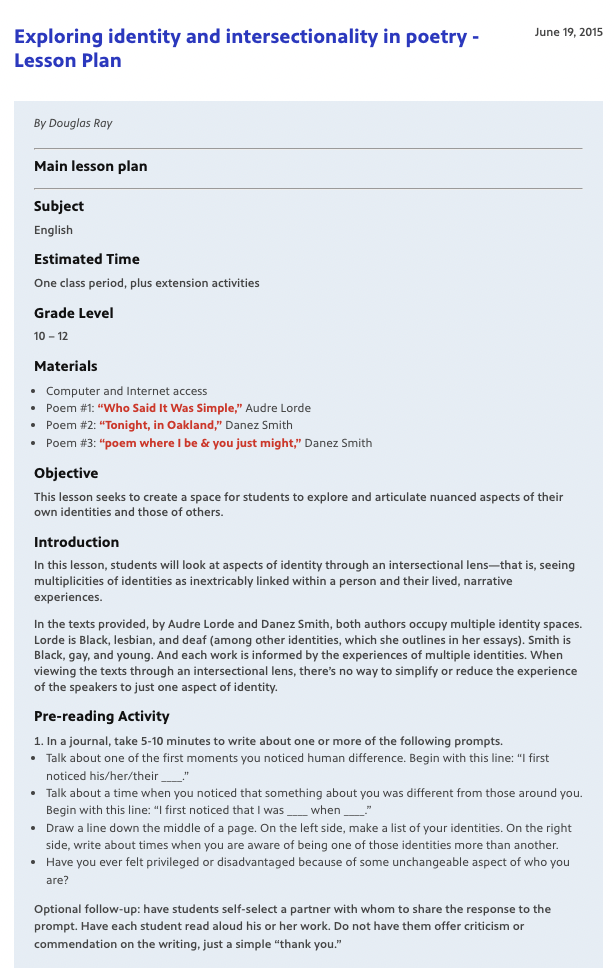 Exploring Identity and Intersectionality in Poetry Lesson Plan