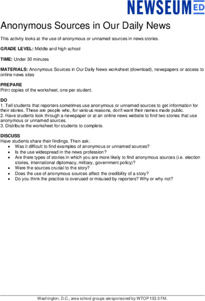 Anonymous Sources in Our Daily News Lesson Plan