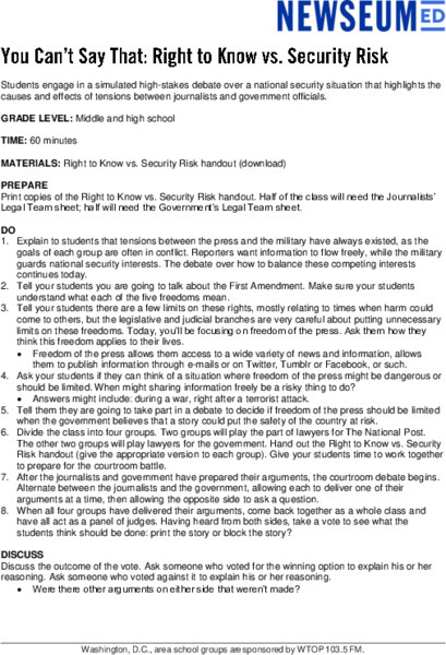 You Can’t Say That: Right to Know vs. Security Risk Lesson Plan