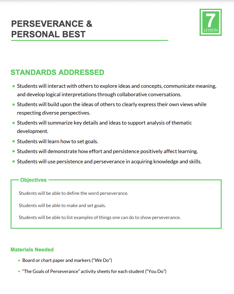 Perseverance and Personal Best Lesson Plan