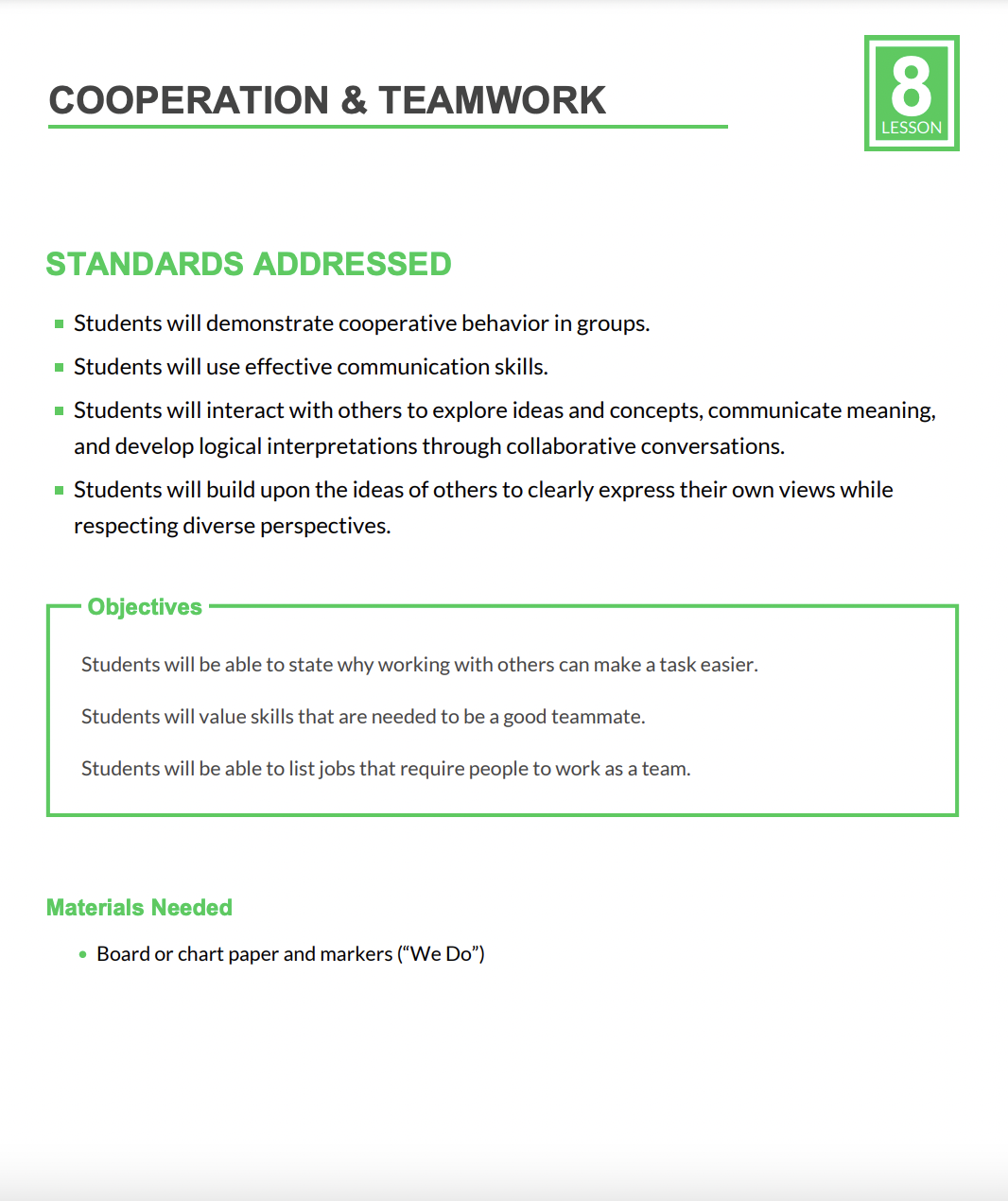 Cooperation and Teamwork Lesson Plan