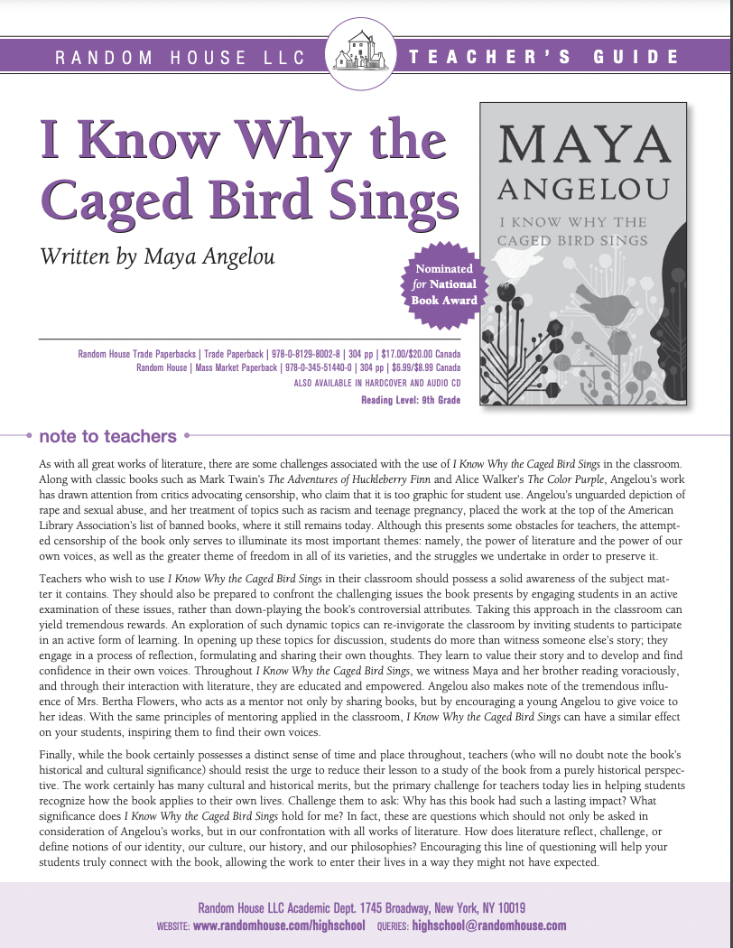 Teacher's Guide: I Know Why the Caged Bird Sings by Maya Angelous Study Guide