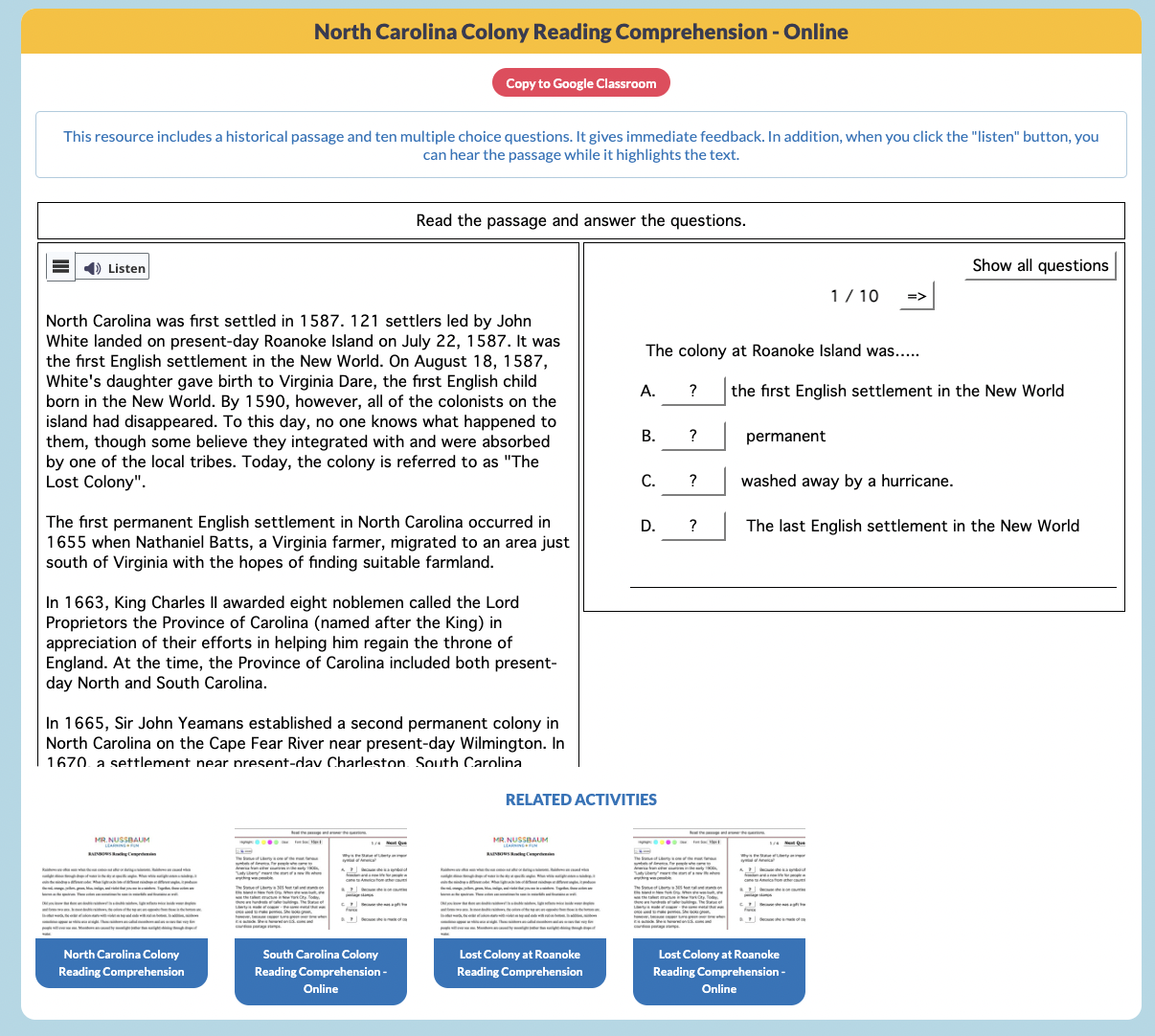 North Carolina Colony Interactive