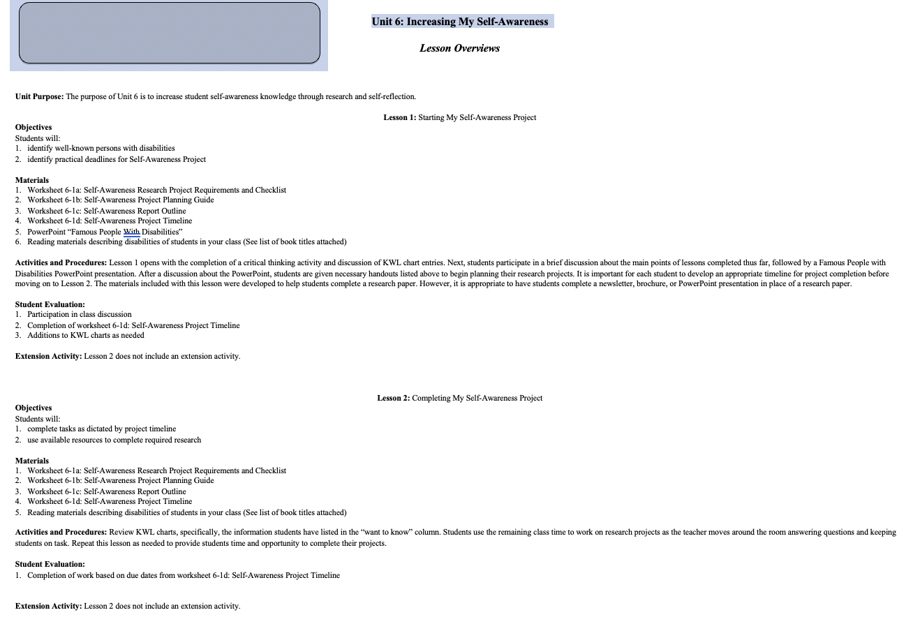 Increasing My Self-Awareness Unit Plan