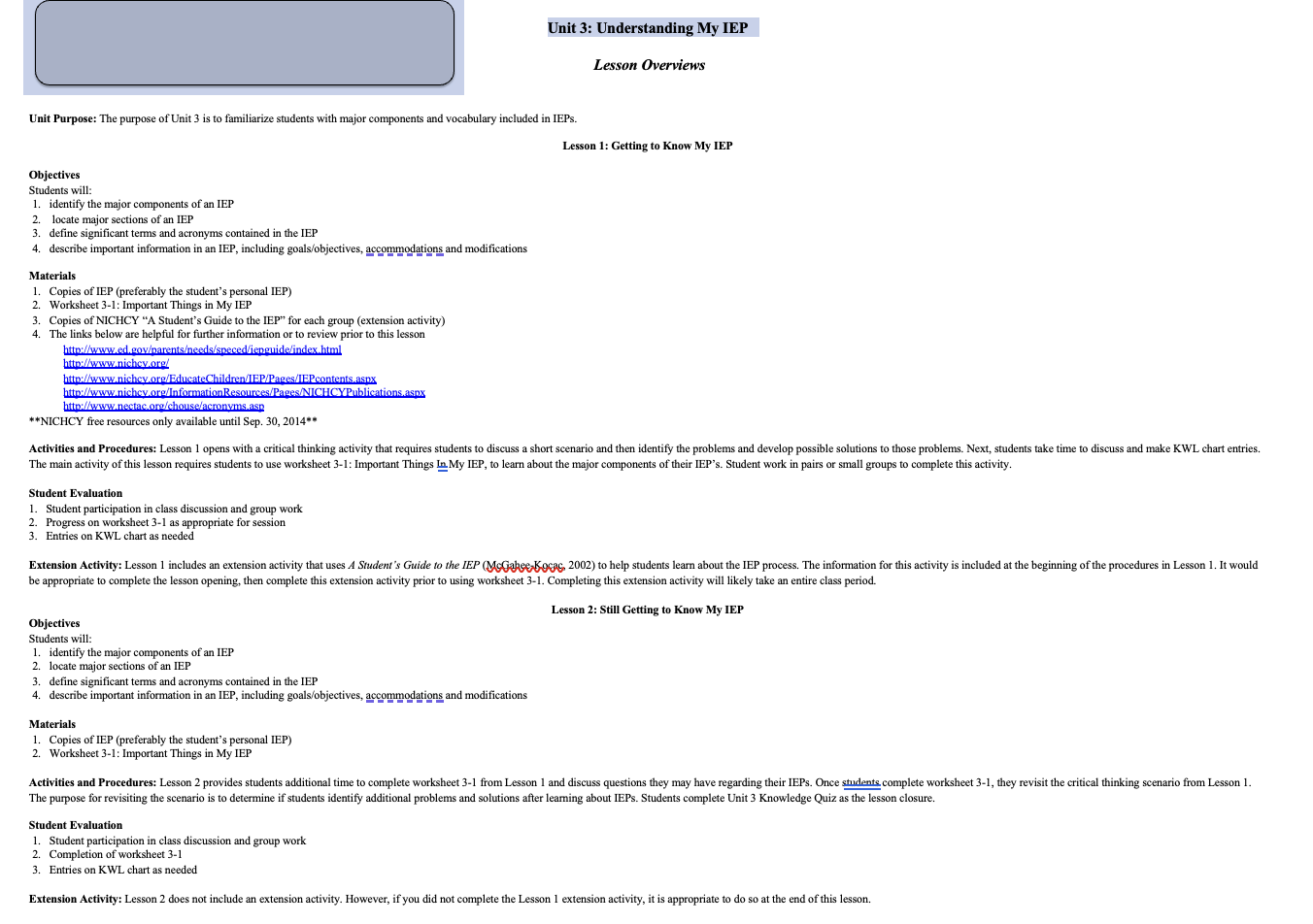 Understanding My Individualized Education Program Unit Plan