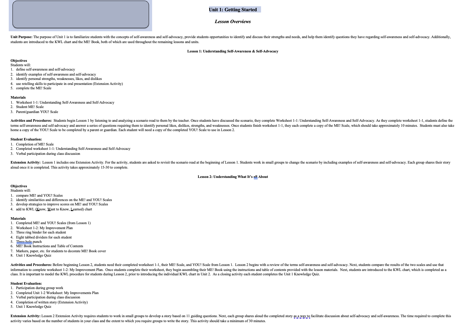 Getting Started Unit Plan