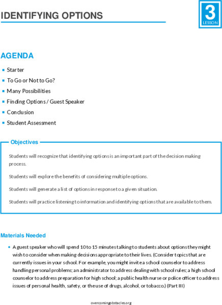 Identifying Options Lesson Plan