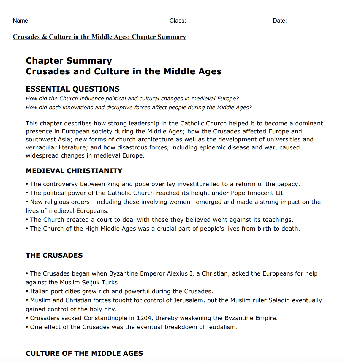 Crusades and Culture in the Middle Ages Study Guide