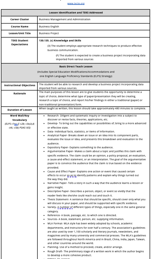 Business Project Lesson Plan