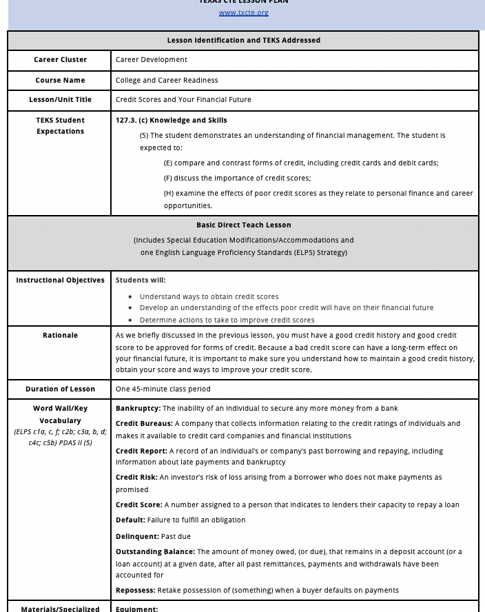 Credit Scores and Your Financial Future Lesson Plan