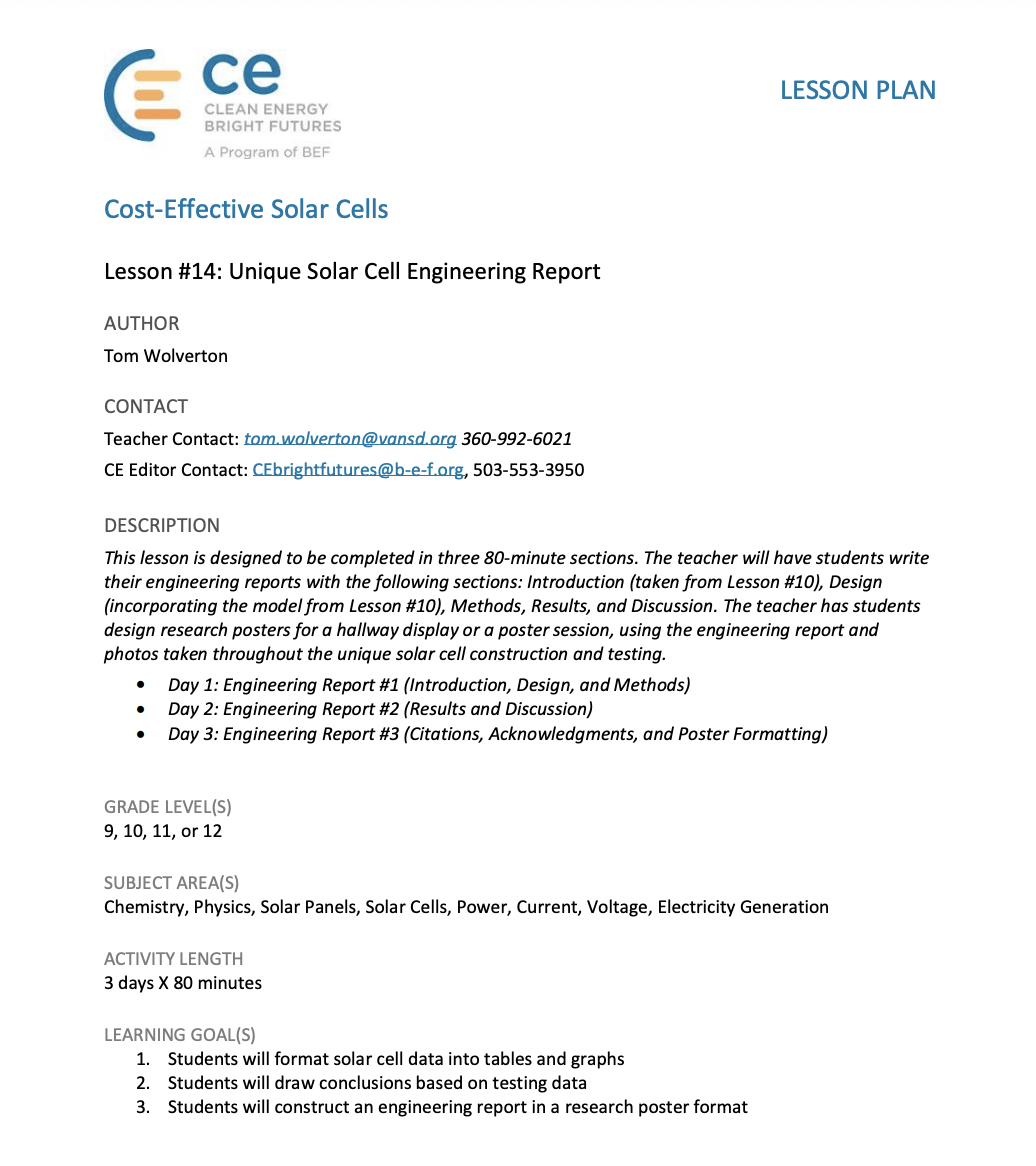 Unique Solar Cell Engineering Report Lesson Plan