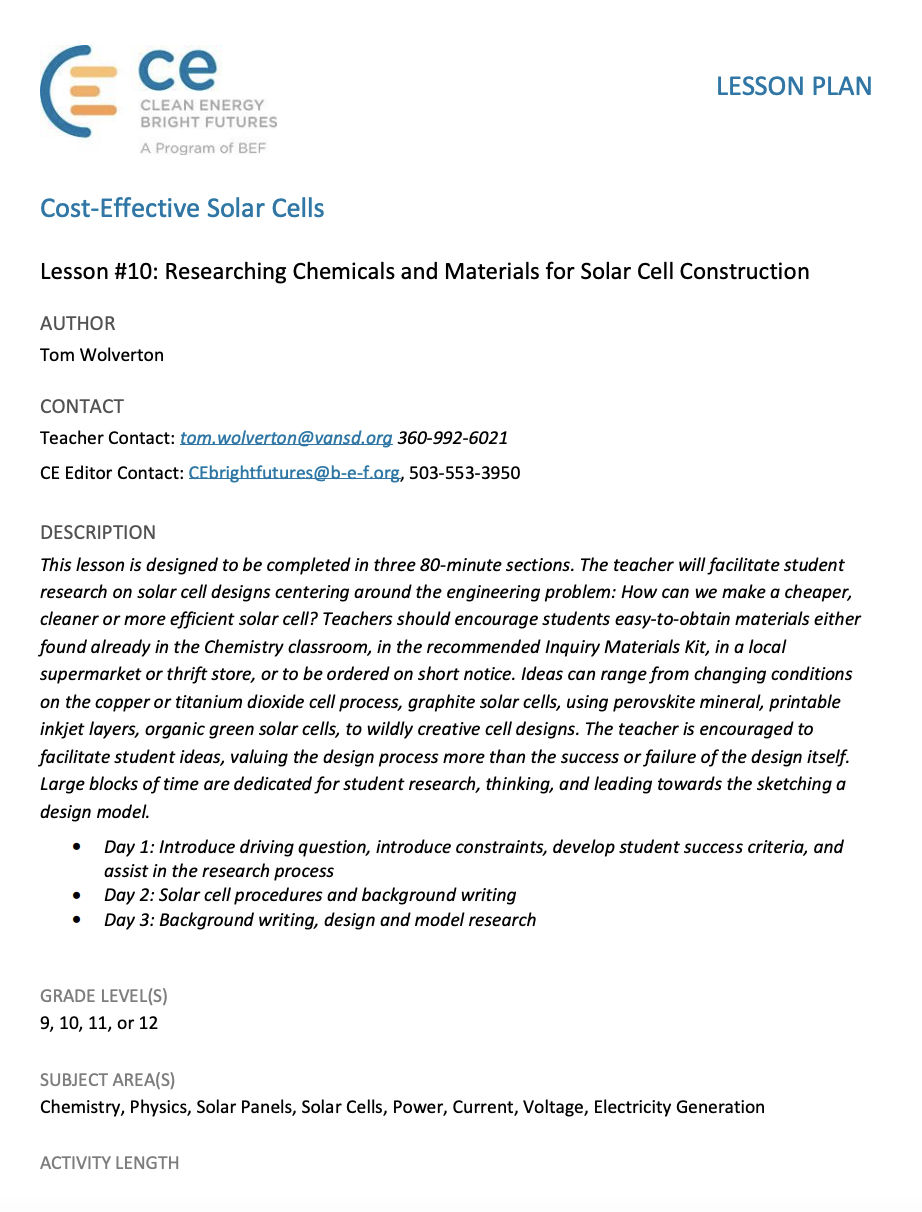 Researching Chemicals and Materials for Solar Cell Construction Lesson Plan