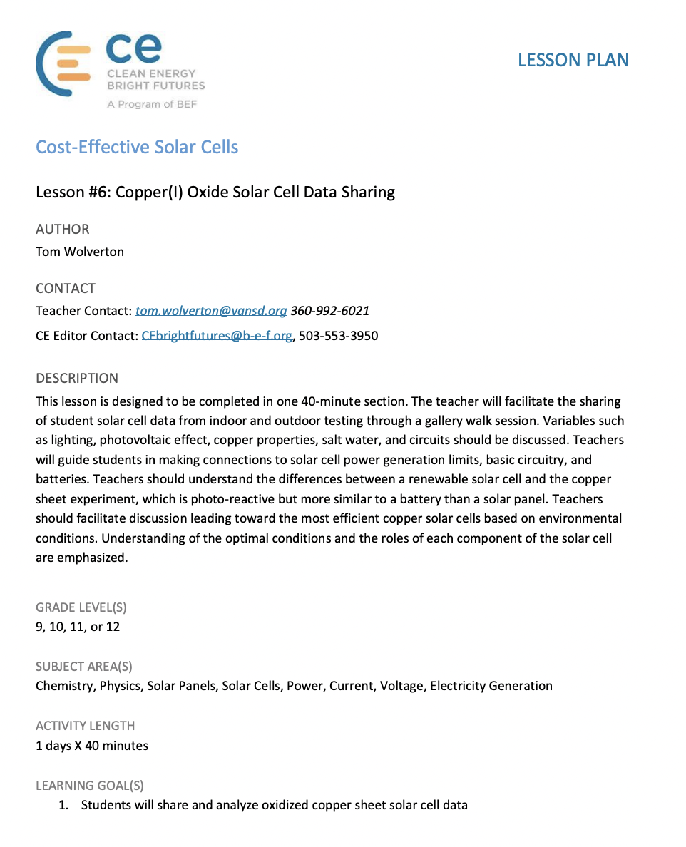 Copper Oxide Cell Data Sharing Lesson Plan