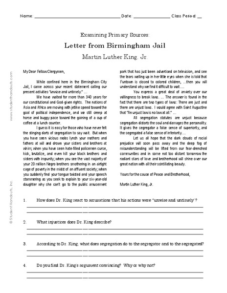 Letter from Birmingham Jail Worksheet