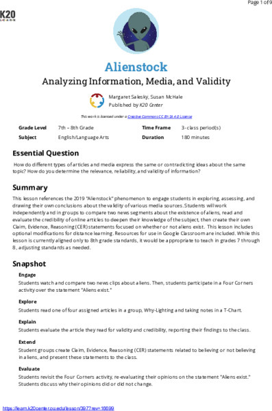 Alienstock: Analyzing Information, Media, And Validity Lesson Plan