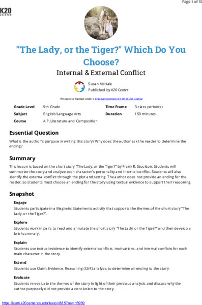 "The Lady, Or The Tiger?" Which Do You Choose?: Internal and External Conflict Lesson Plan