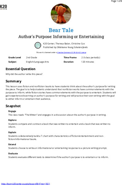 Bear Tale: Author's Purpose - Informing Or Entertaining Lesson Plan