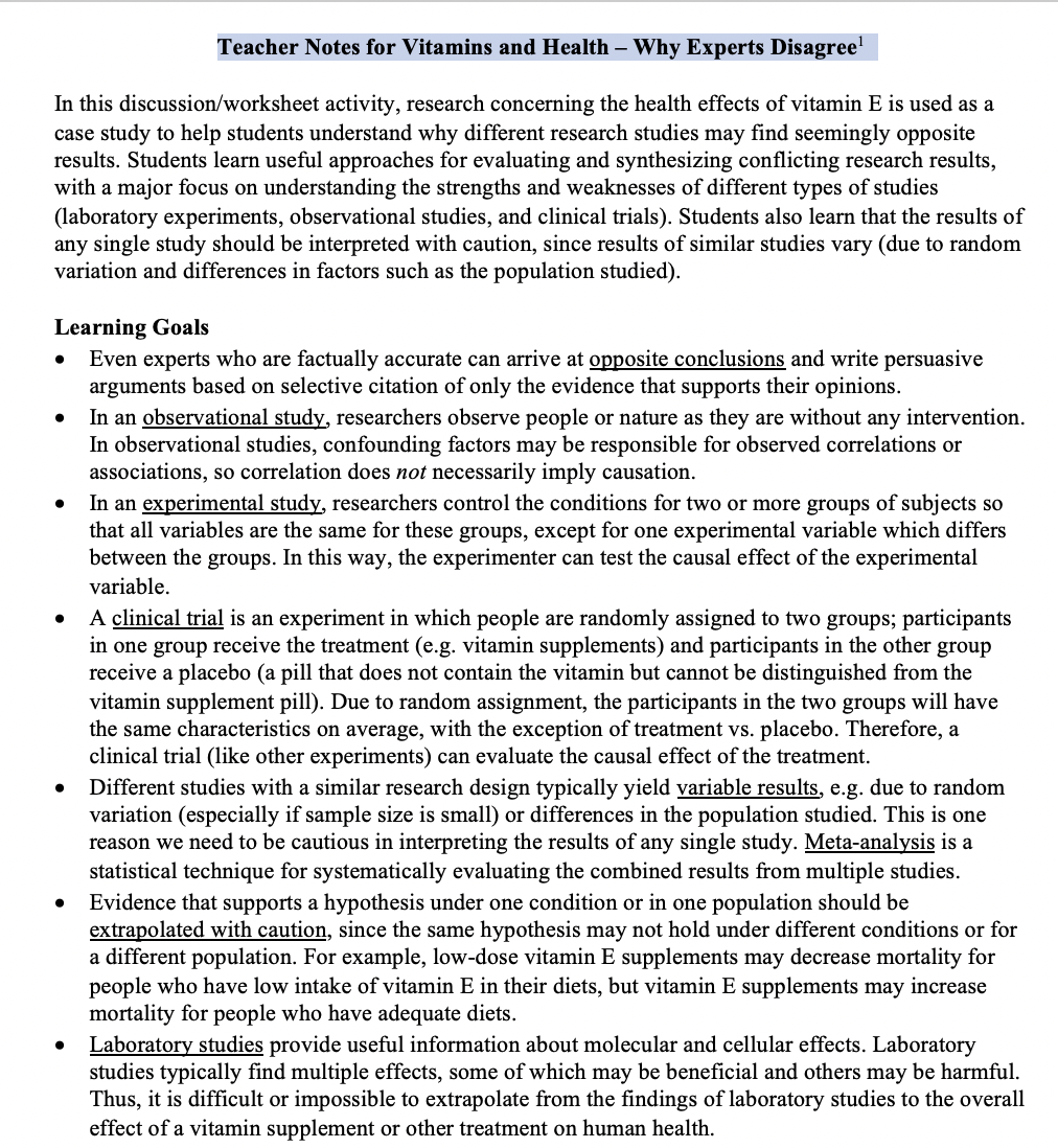 Vitamins and Health – Why Experts Disagree Activity