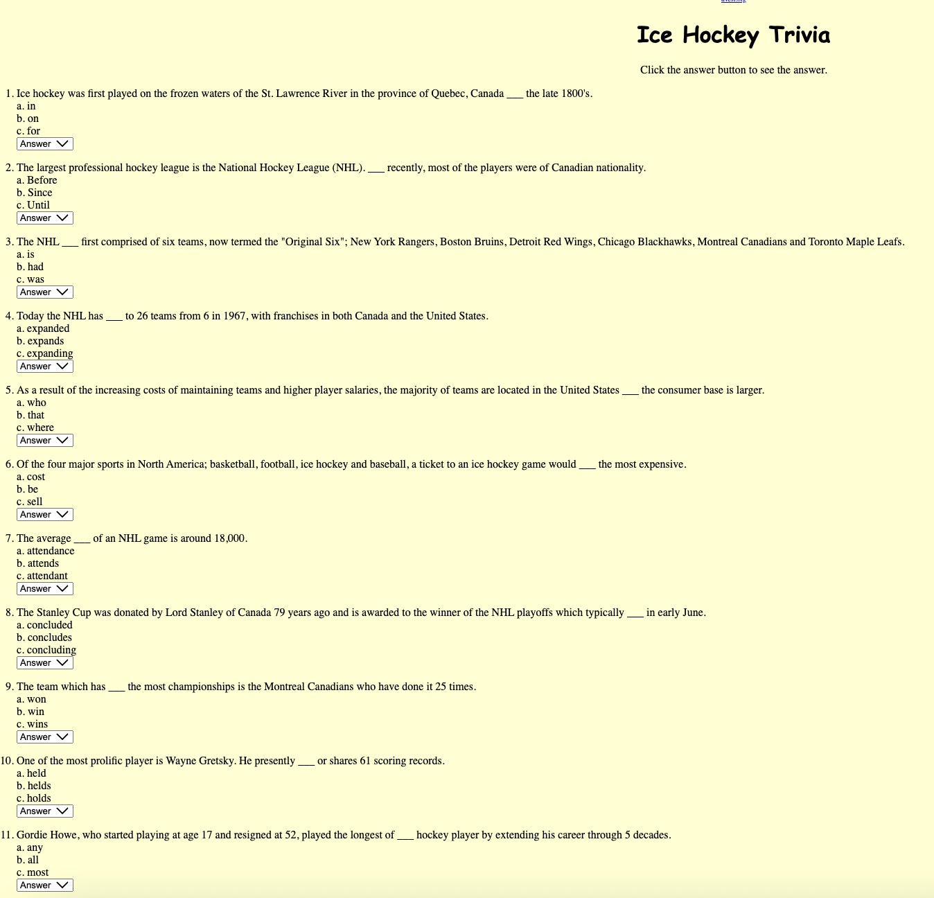 Ice Hockey Trivia Worksheet