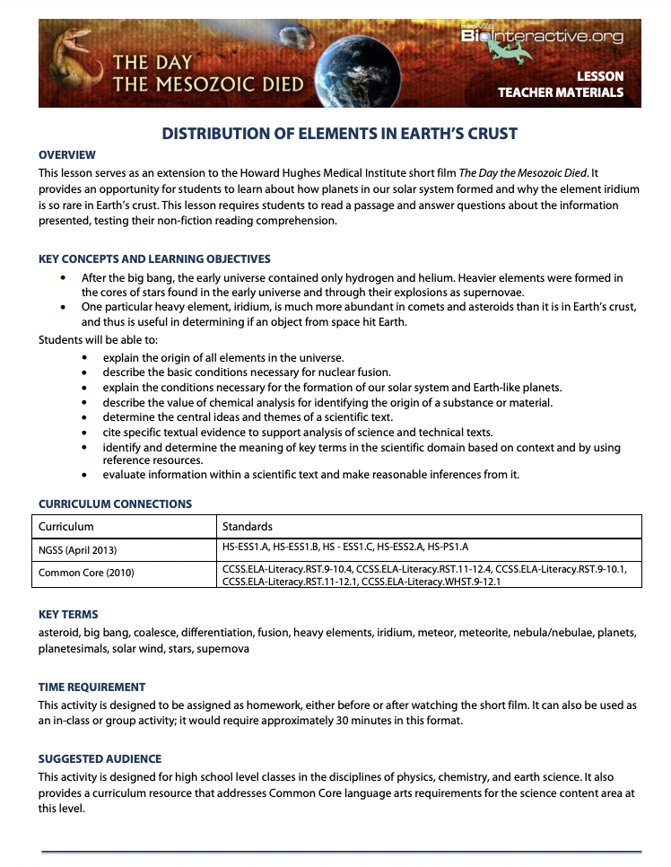 Distribution of Elements in Earth’s Crust Activity