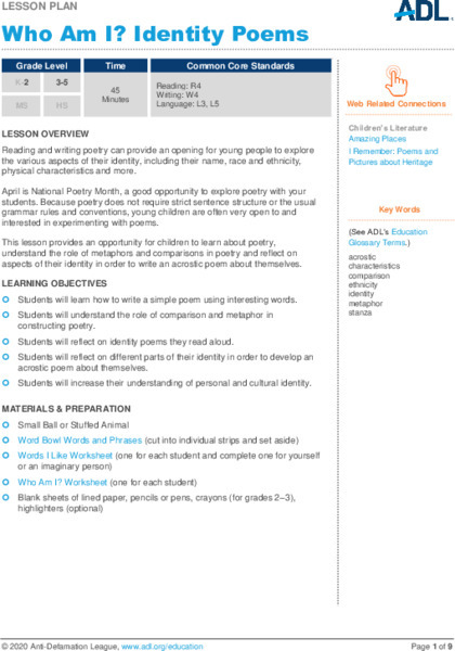 Who Am I? Identity Poems Lesson Plan