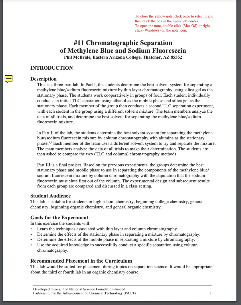 Chromatographic Separation of Methylene Blue and Sodium Fluorescein Lesson Plan