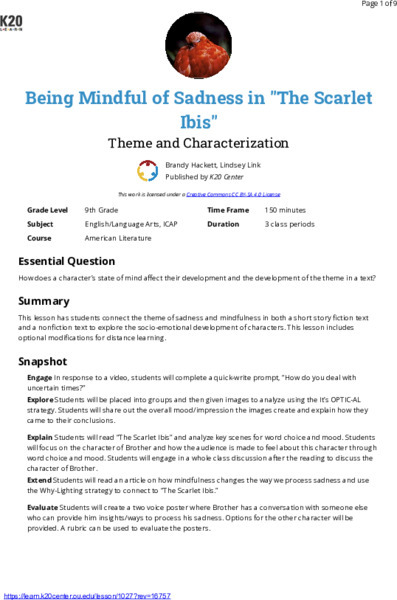 Being Mindful Of Sadness In "The Scarlet Ibis": Theme And Characterization Lesson Plan