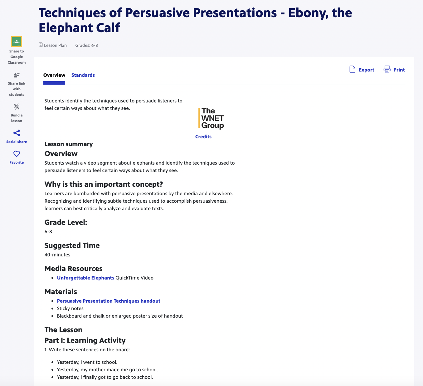 Techniques of Persuasive Presentations - Ebony, the Elephant Calf Lesson Plan