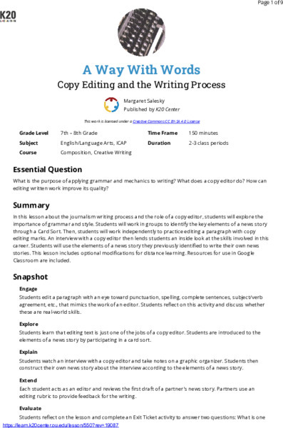 A Way With Words: Copy Editing And The Writing Process Lesson Plan