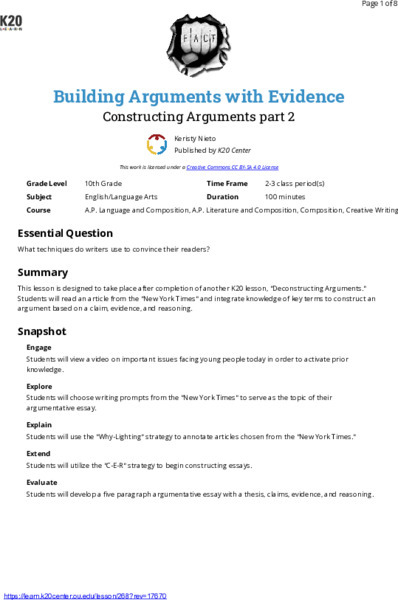 Building Arguments With Evidence: Constructing Arguments Part 2 Lesson Plan