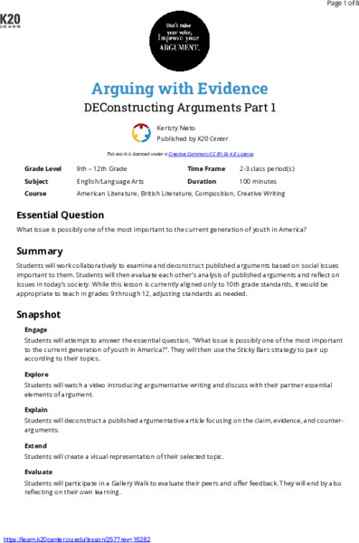 Arguing With Evidence: Deconstructing Arguments Part 1 Lesson Plan